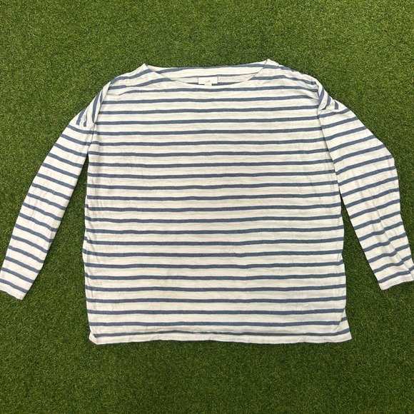 J. Jill Tops - J. Jill Blue White Striped Boat Neck Long Sleeve Top Size Medium Slub Knit Tee